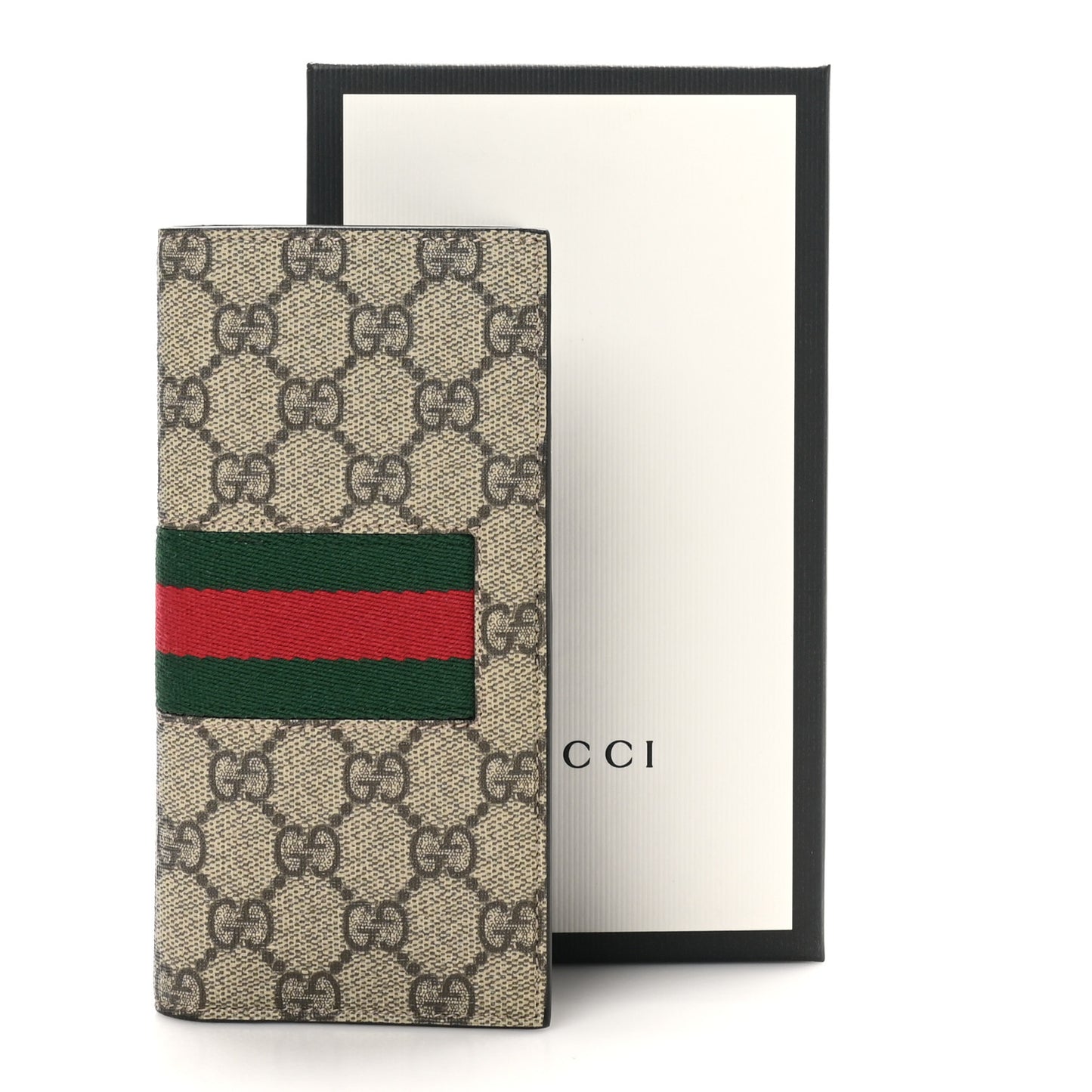 GG Supreme Monogram Selleria Calfskin Web New Web Long Wallet Beige Ebony Cocoa