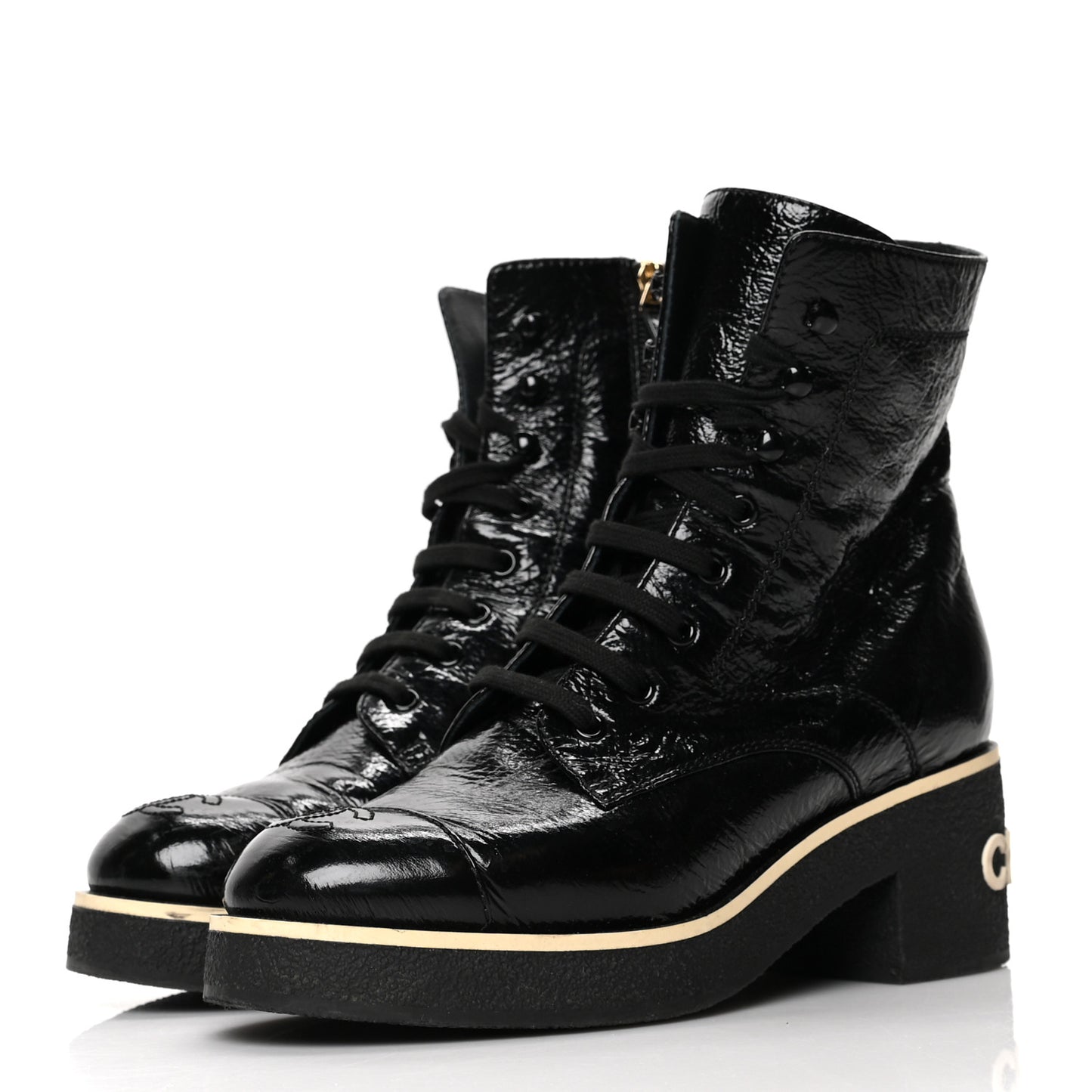 Shiny Crumpled Lambskin Lace Up Combat Boots 37.5 Black