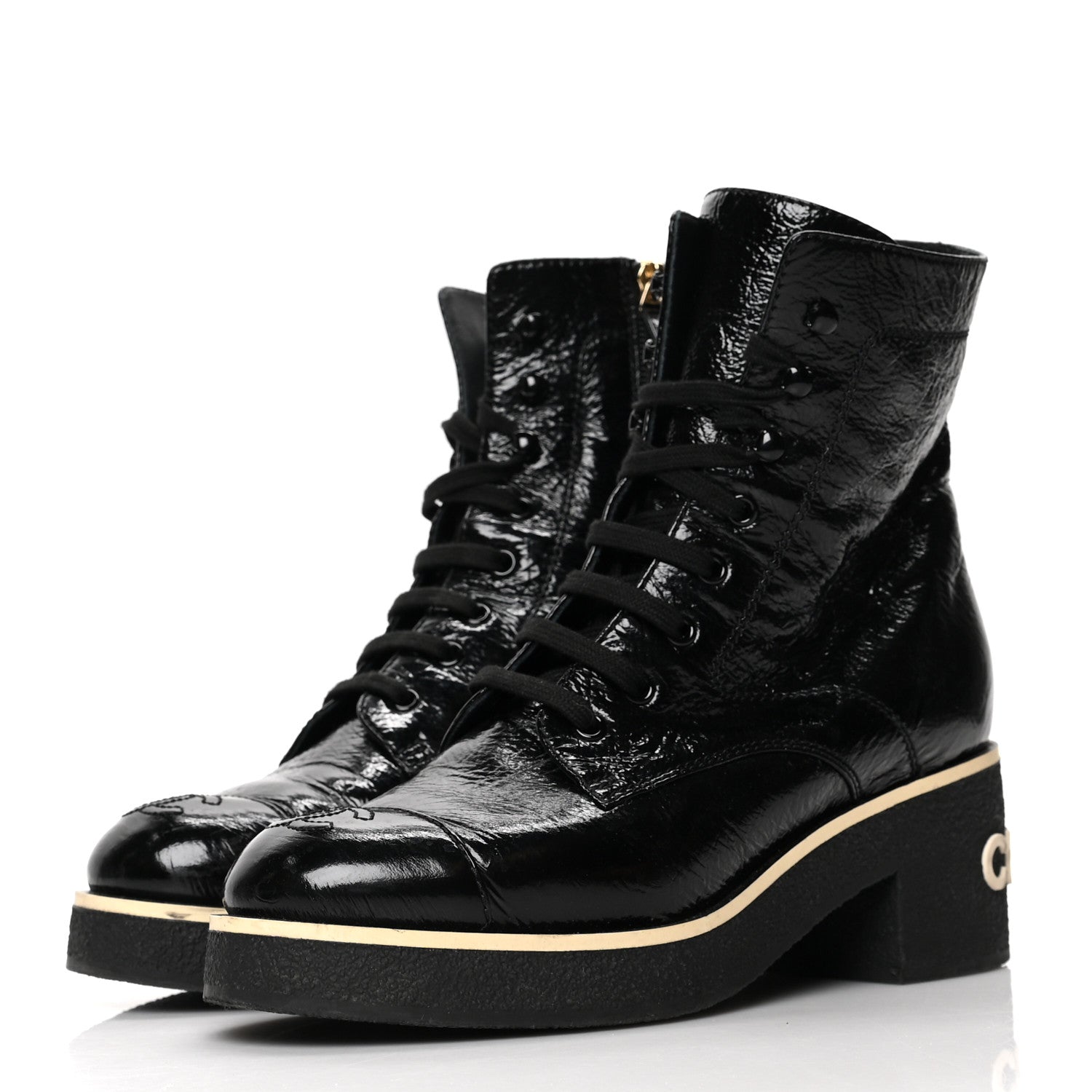 Chanel Shiny Crumpled Lambskin Lace Up Combat Boots 37.5 Black 3 of 8