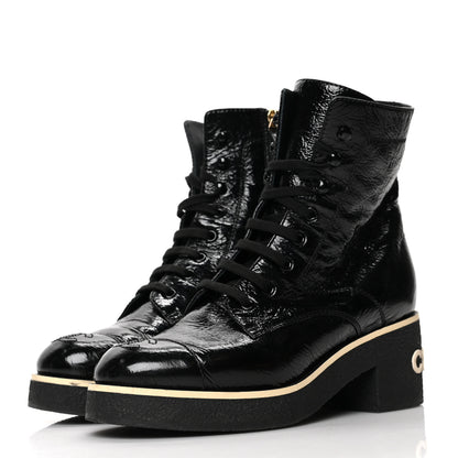 Chanel Shiny Crumpled Lambskin Lace Up Combat Boots 37.5 Black 3 of 8
