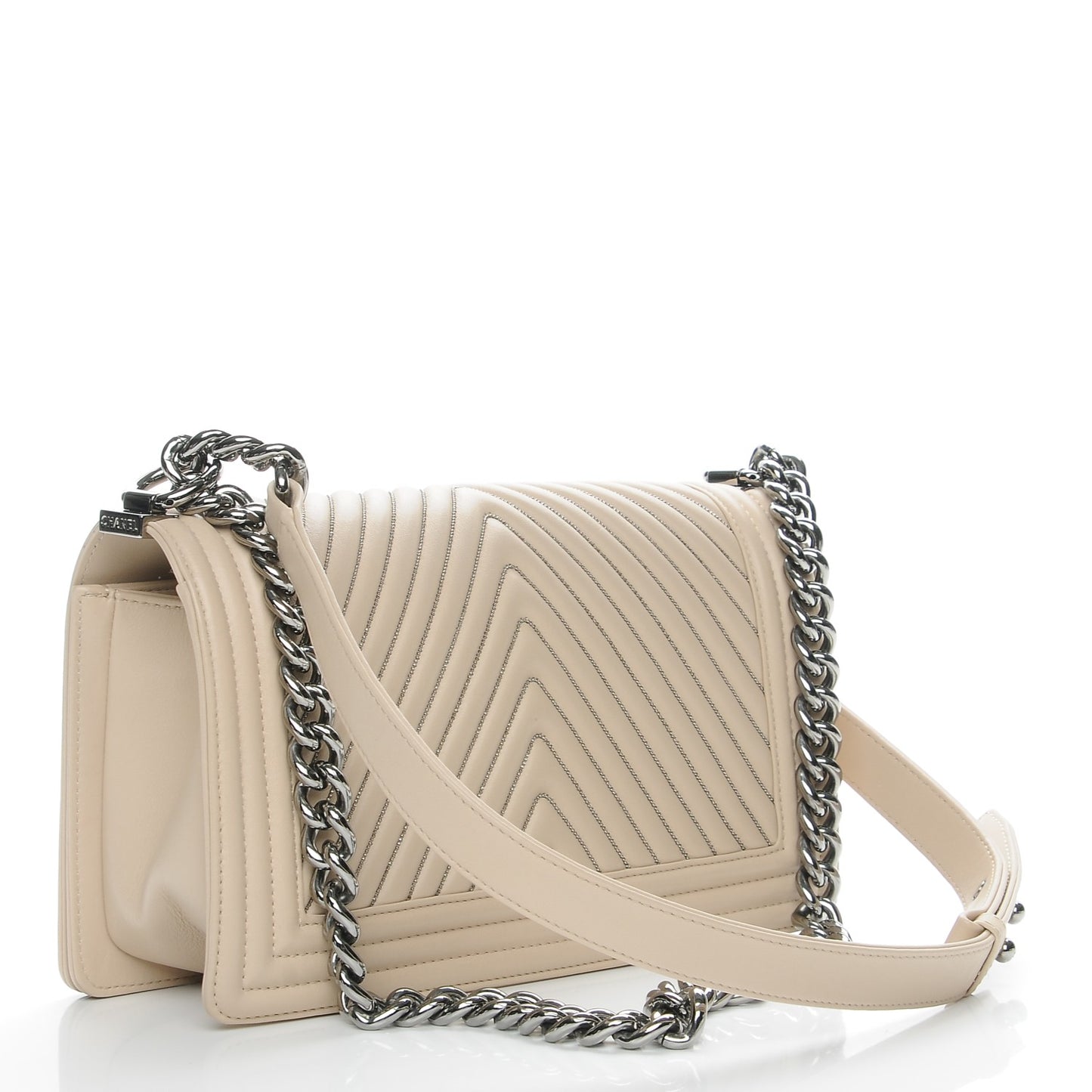 Calfskin Chevron Chain Medium Boy Flap Beige