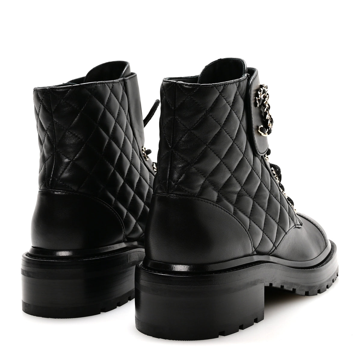 Shiny Lambskin Quilted Lace Up Combat Boots 38.5 Black