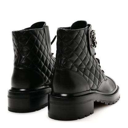 Chanel Shiny Lambskin Quilted Lace Up Combat Boots 38.5 Black 5 of 9
