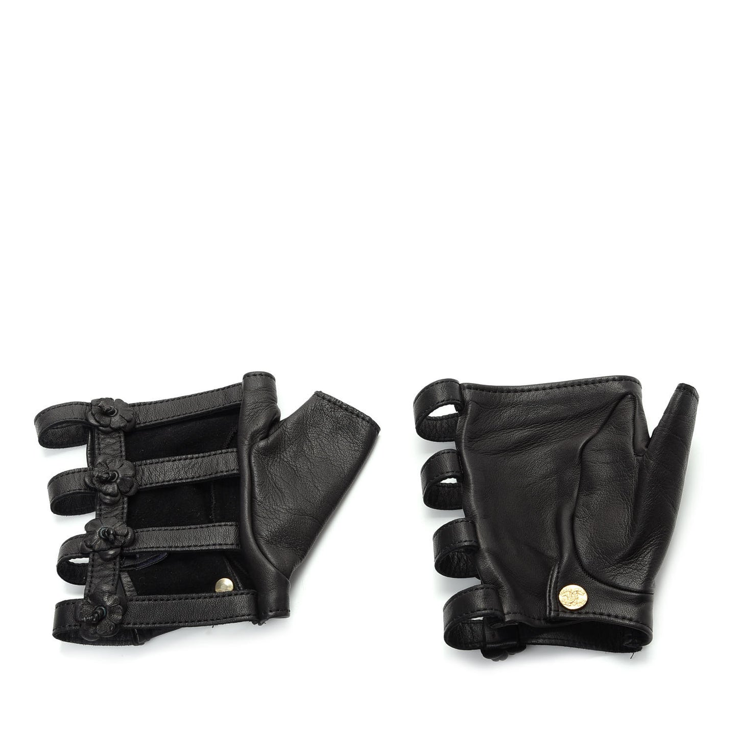 Lambskin Camellia Fingerless Gloves 8 Black
