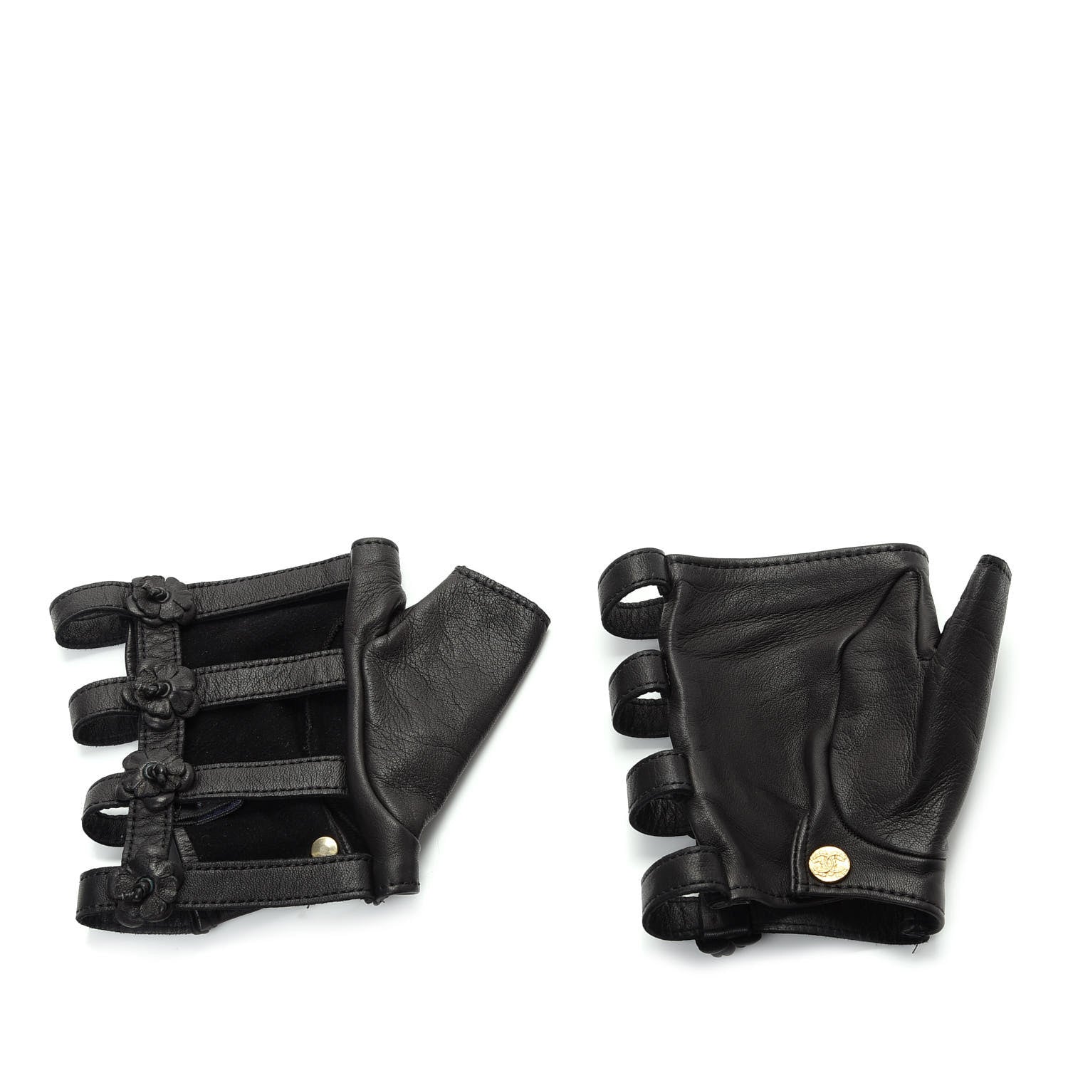 Chanel Lambskin Camellia Fingerless Gloves 8 Black 1 of 5
