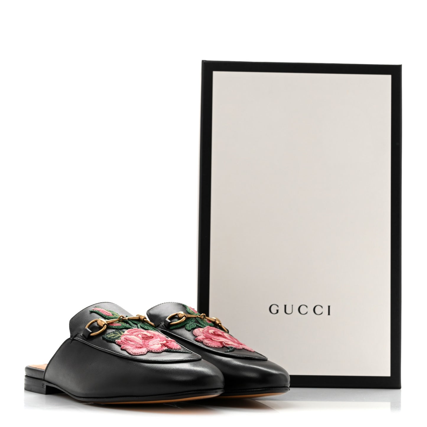 Calfskin Flower Embroidered Princetown Slippers 38 Black
