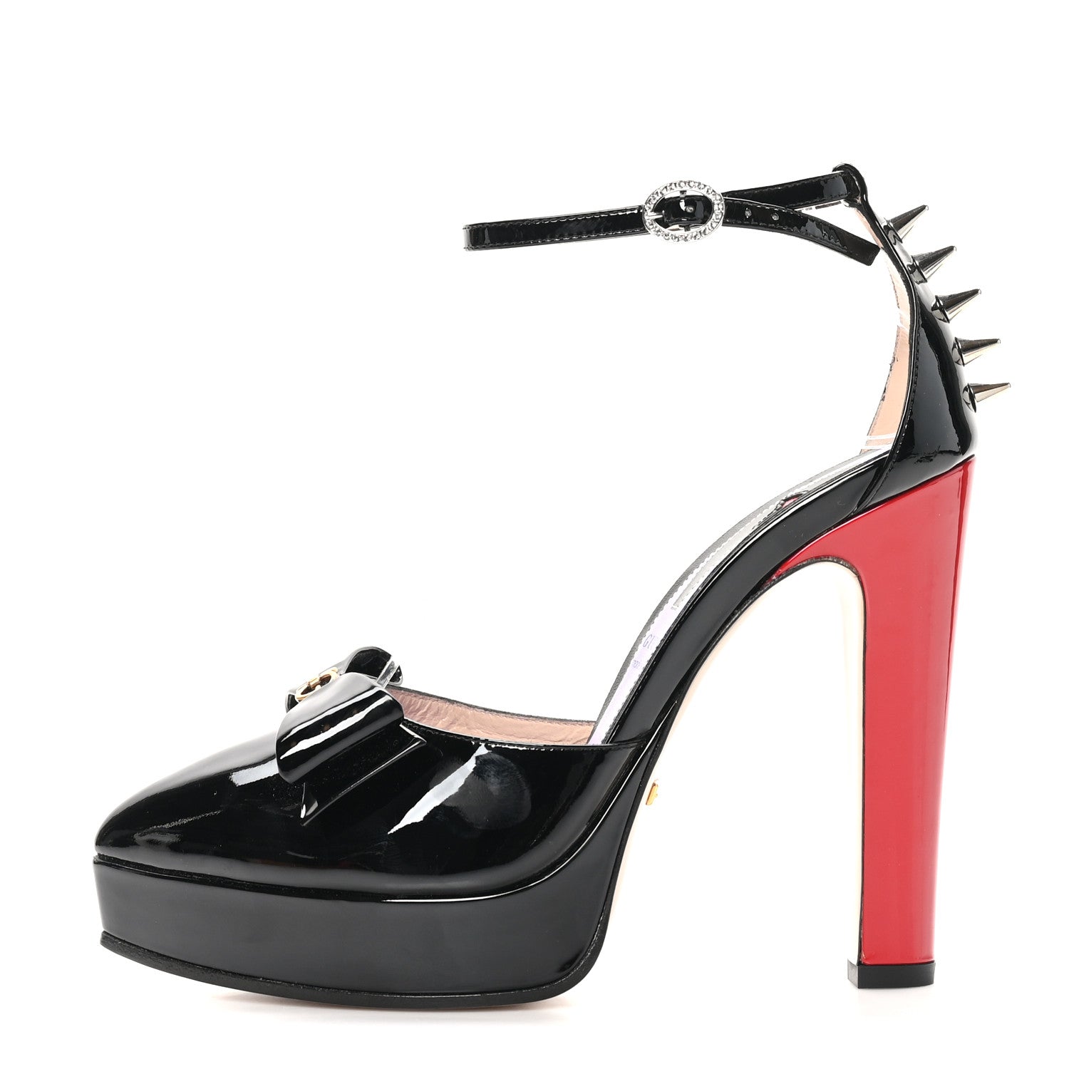 Gucci Patent Crystal GG Bow Sadie Spike Ankle Strap d'Orsay Platform High Heel Pumps 36.5 Black 1 of 10