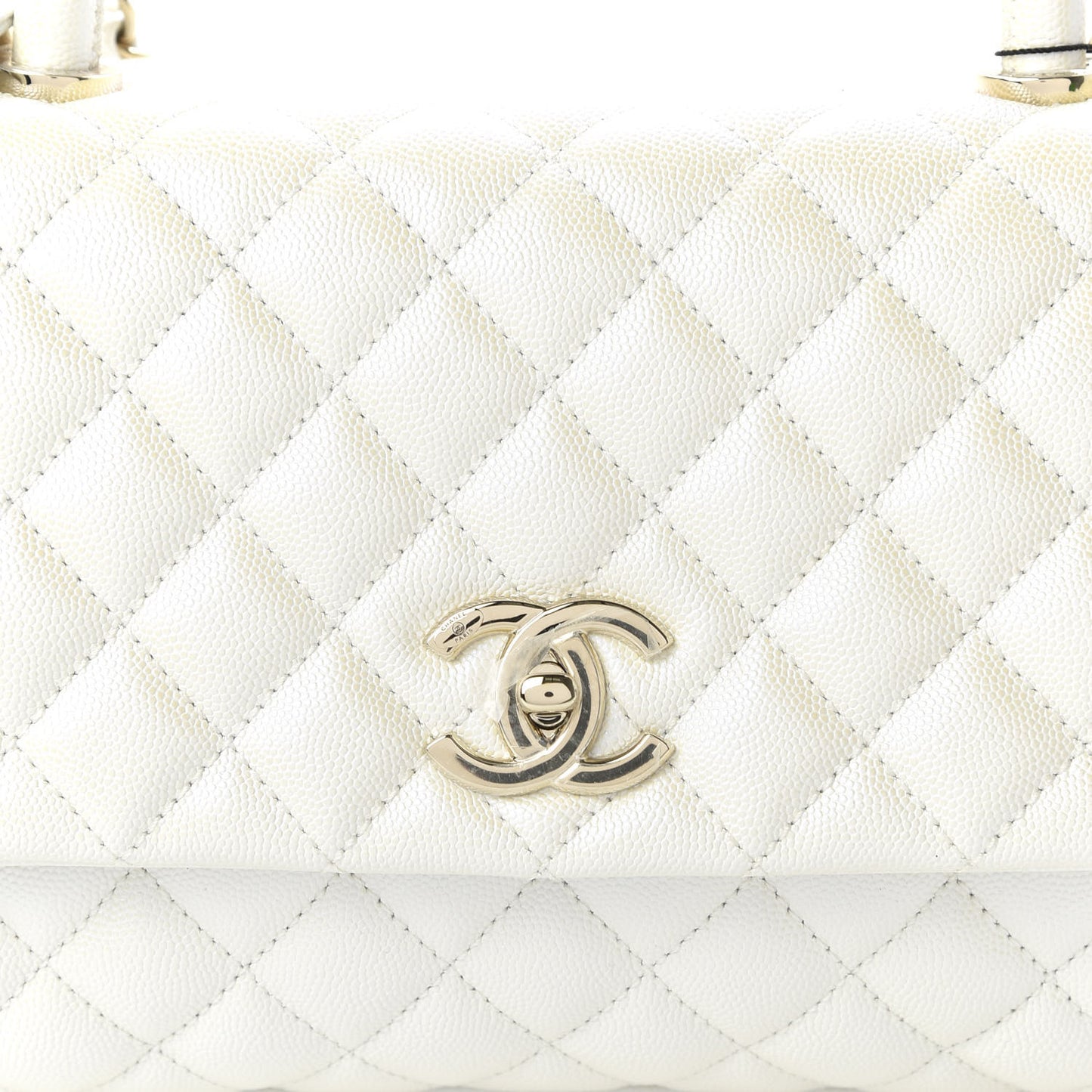Iridescent Caviar Quilted Small Coco Handle Flap White