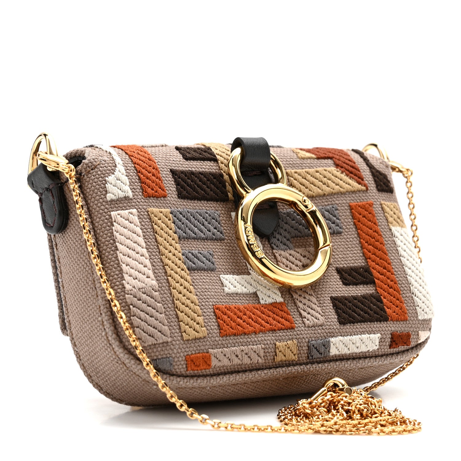 Fendi Canvas Vitello King FF Embroidered Nano Maxi Buckle Baguette Charm Tartufo Ebano 3 of 12