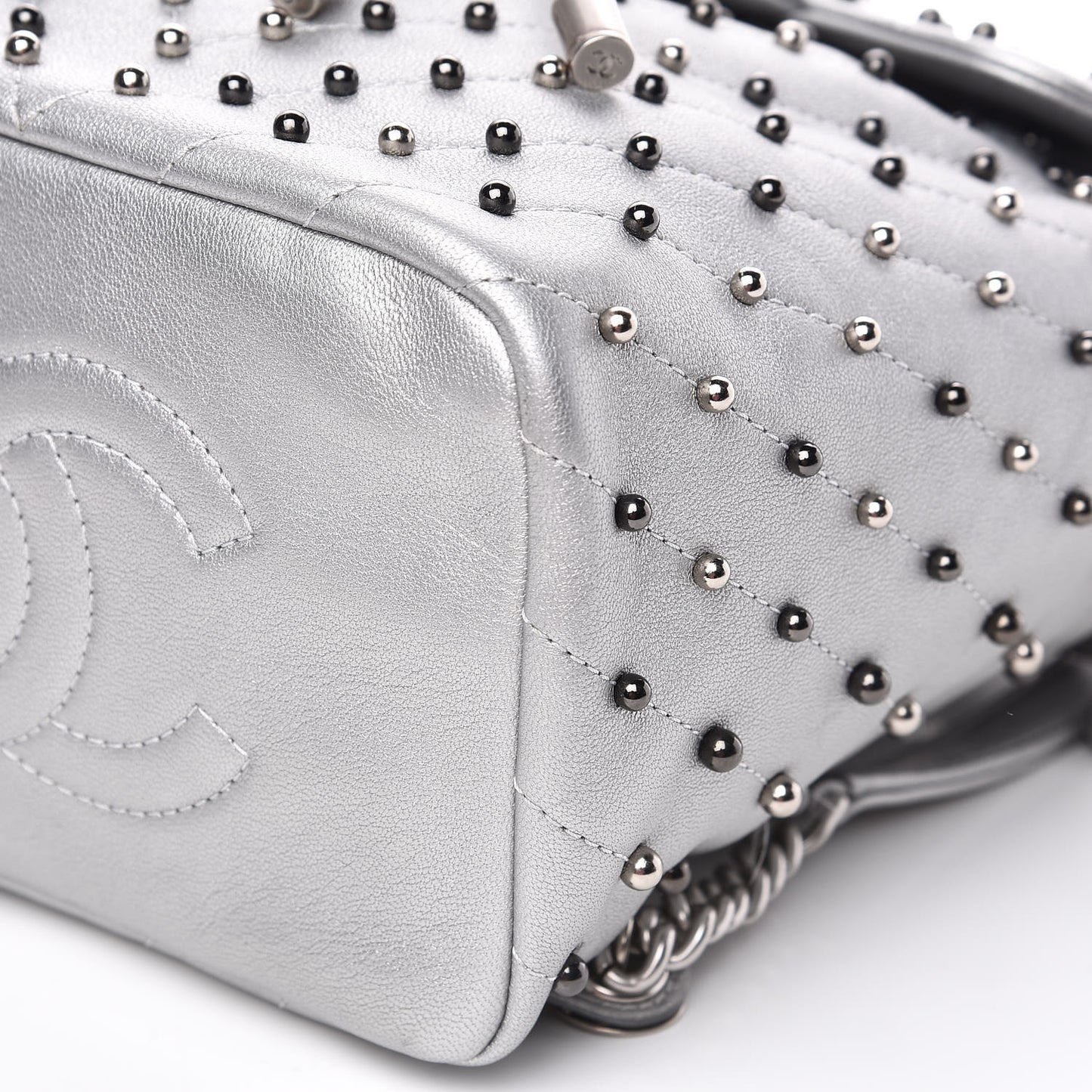Metallic Lambskin Chevron Quilted Studded Stud Wars Backpack Silver