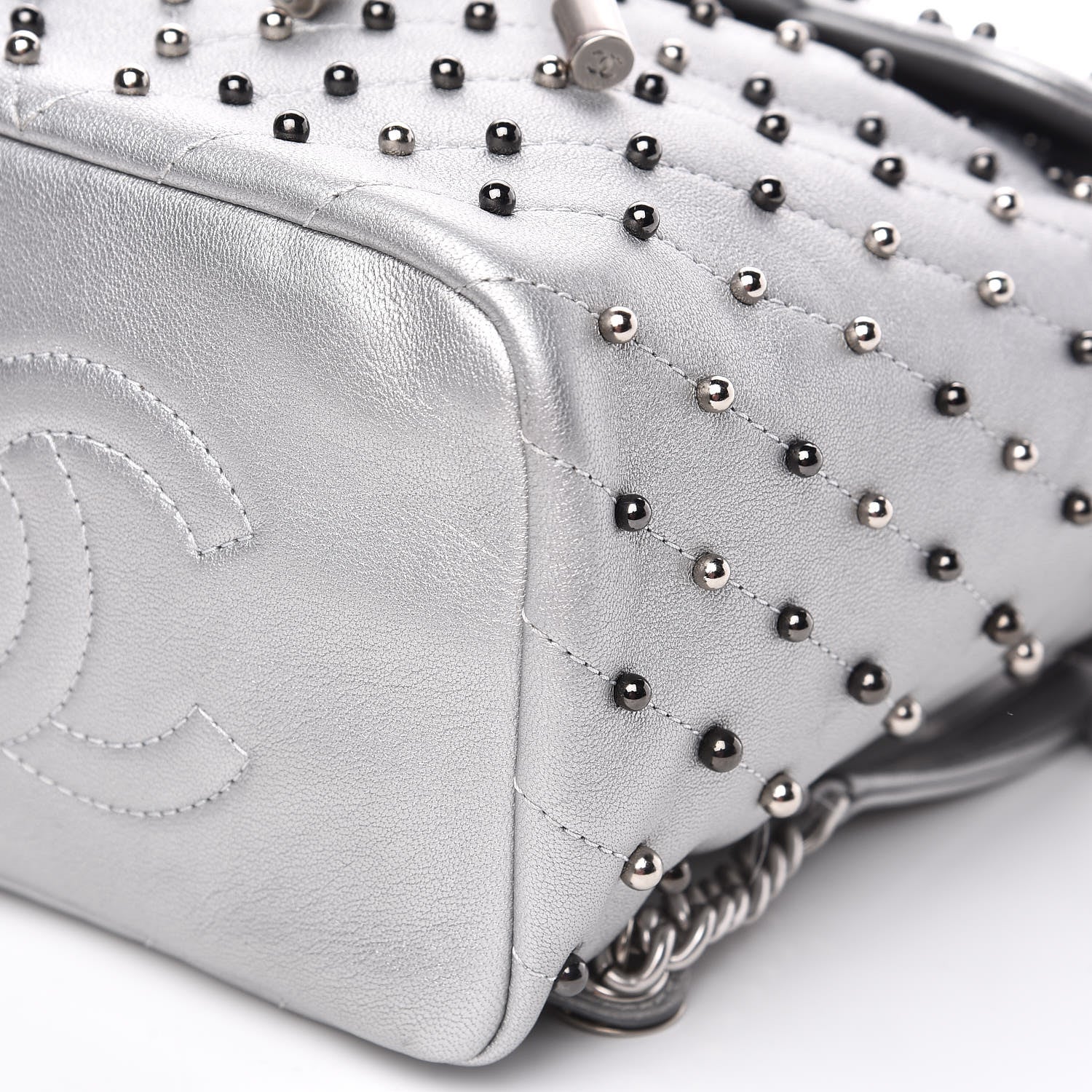 Chanel Metallic Lambskin Chevron Quilted Studded Stud Wars Backpack Silver 9 of 11
