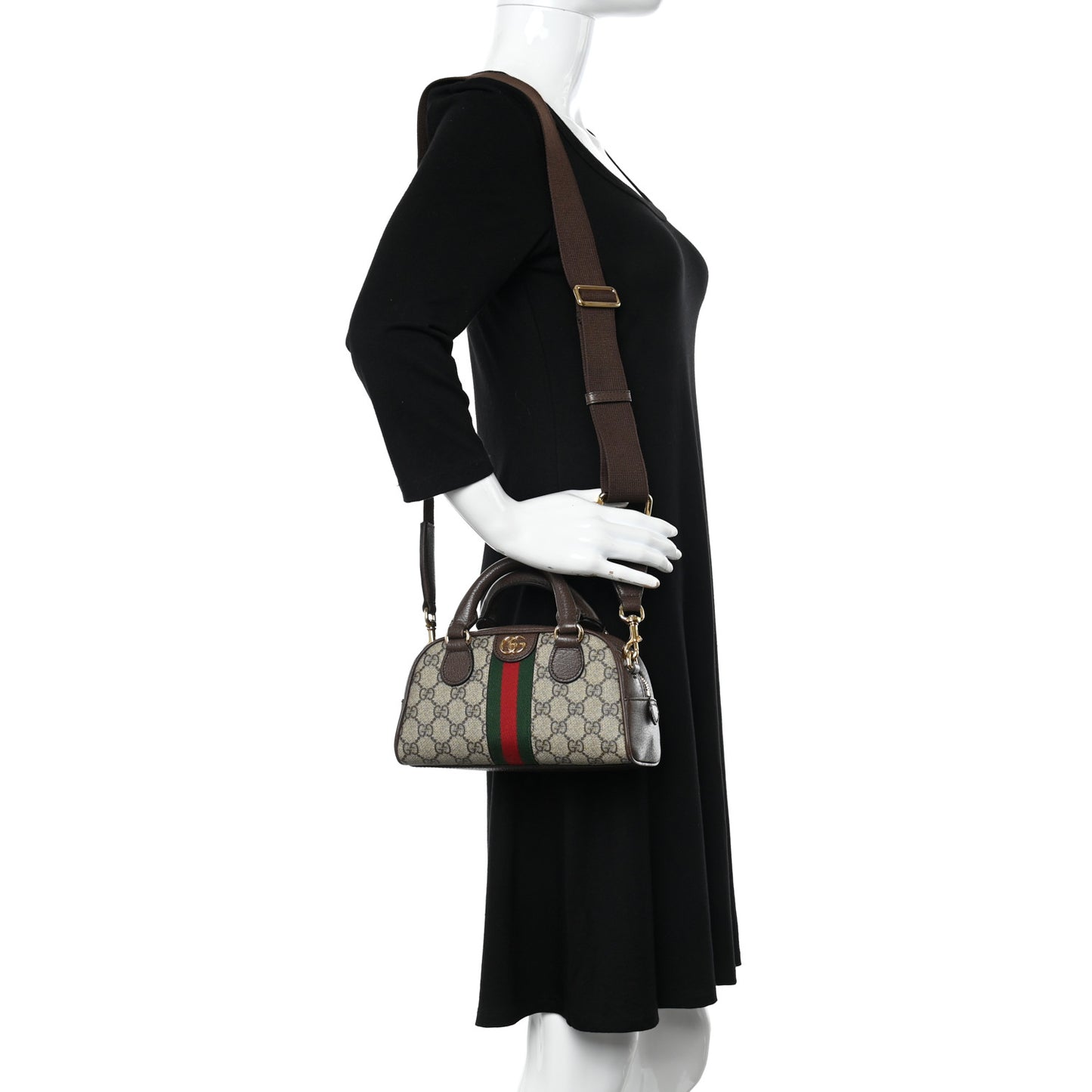 GG Supreme Monogram Textured Dollar Calfskin Web Mini Ophidia Top Handle Bowler Bag Beige Ebony New Acero