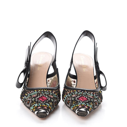 Christian Dior Calfskin Embroidered Beaded Sweet D Slingback Pumps 37.5 Black Turquoise 2 of 7