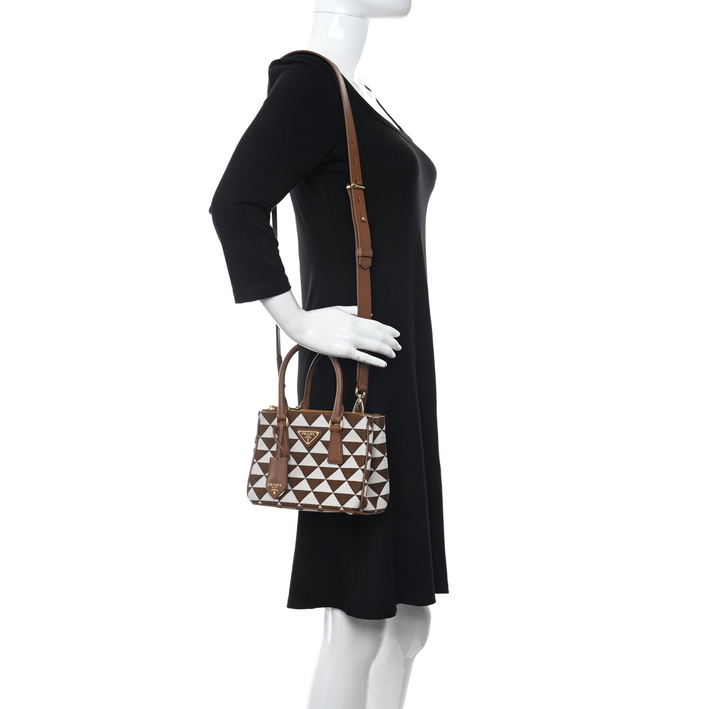 Jacquard Saffiano Triangolo Symbole Embroidered Mini Galleria Double Zip Tote Tabacco Talco