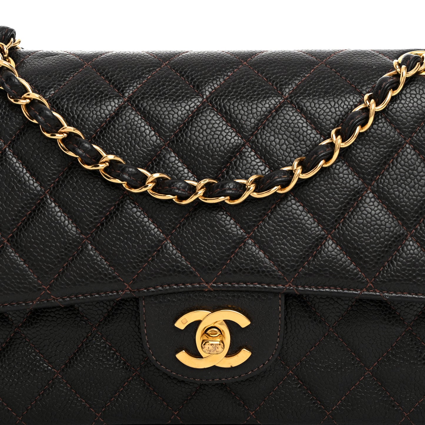 Caviar Quilted Medium Double Flap Dark Brown