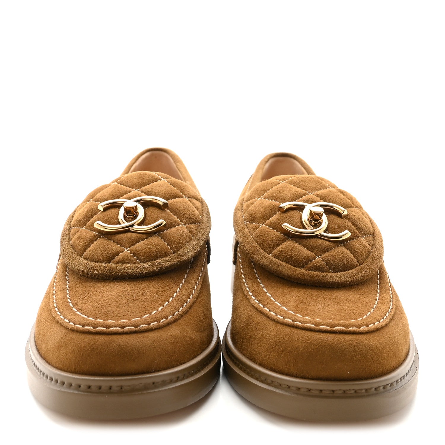 Chanel Suede Kidskin Quilted CC Turnlock Loafers 38.5 Light Brown 3 of 9