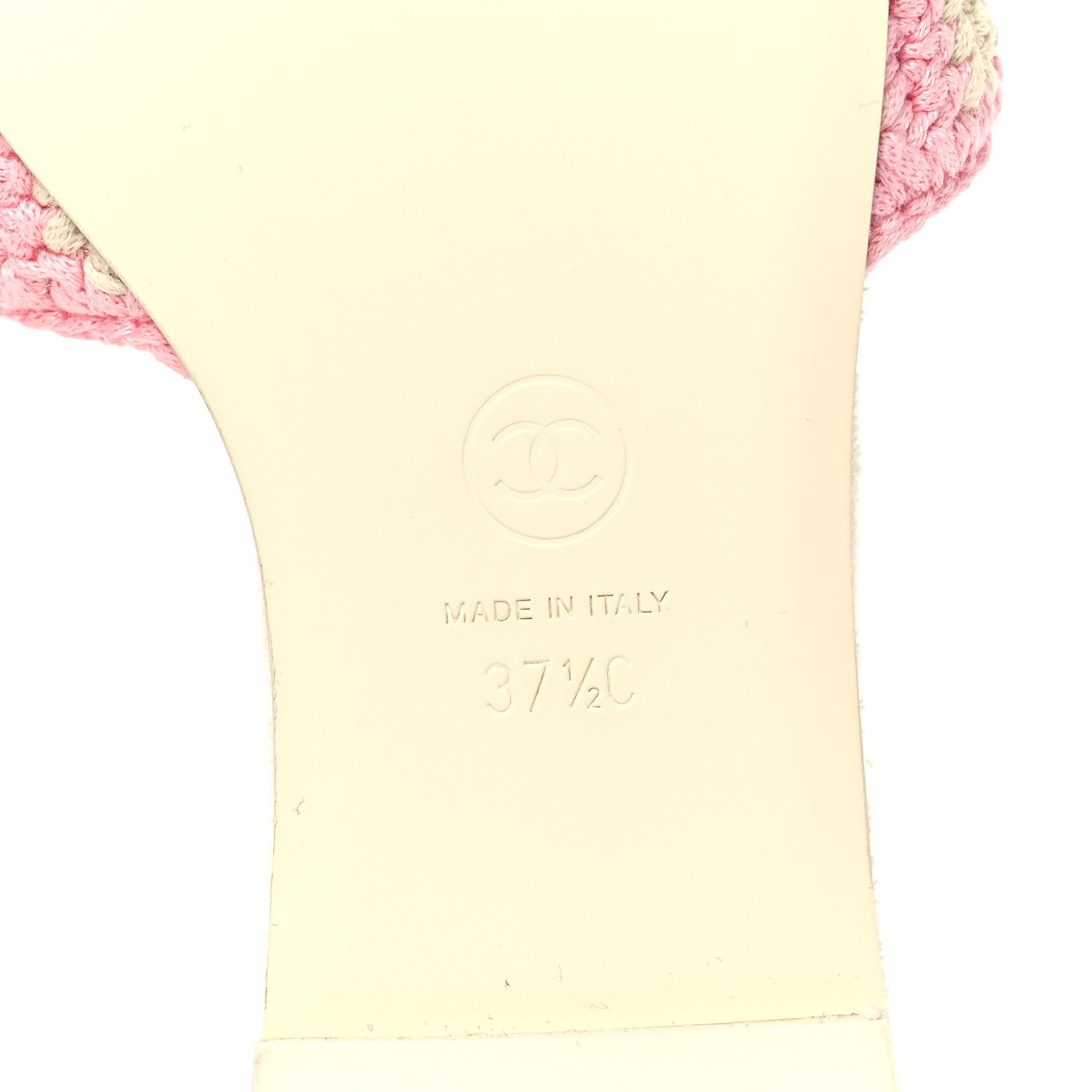 Chanel Crochet Striped Enamel Camellia Mules Sandals 37.5 Ivory Pink 7 of 9