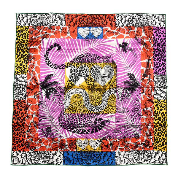 Hermes Silk Vintage Jungle Love au Tampon Scarf 70 Rouge Cyclamen