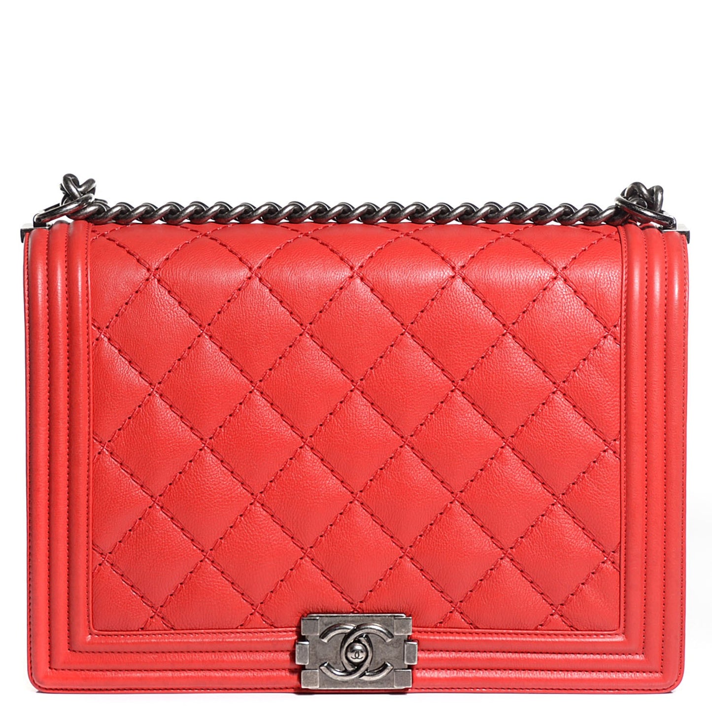 Calfskin Quilted Double Stitch Large Boy Flap Red