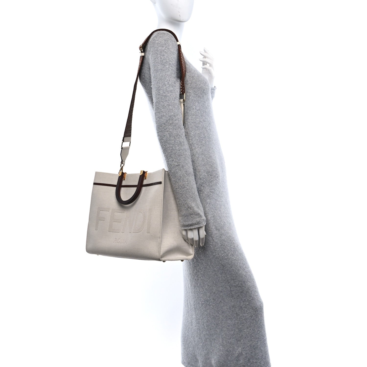 Fendi Canvas Vitello King Logo Embroidered Medium Fendi Sunshine Shopper Tote Grezzo Ghianda 2 of 9