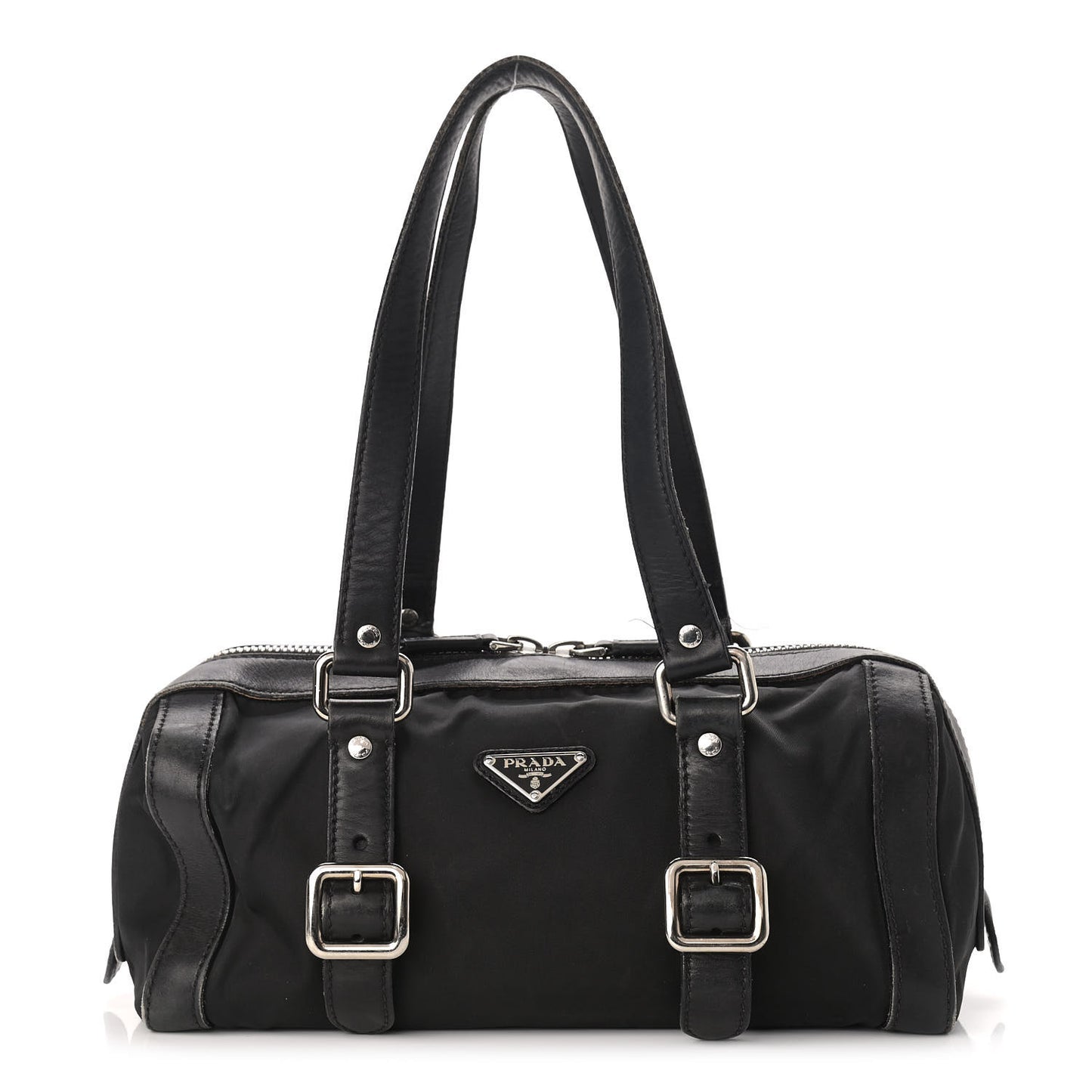 Nylon Calfskin Buckle Shoulder Bag Black