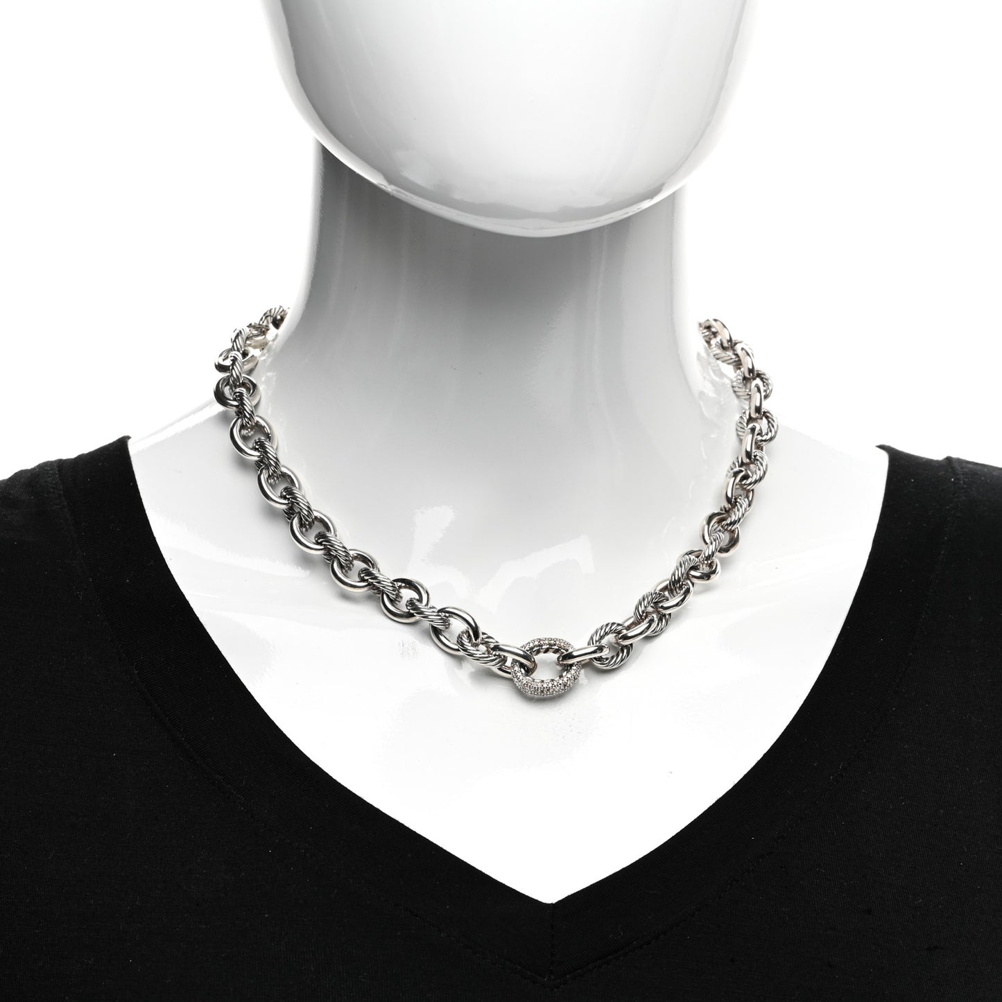 Sterling Silver Diamond Pave 15mm Large Oval Link Necklace