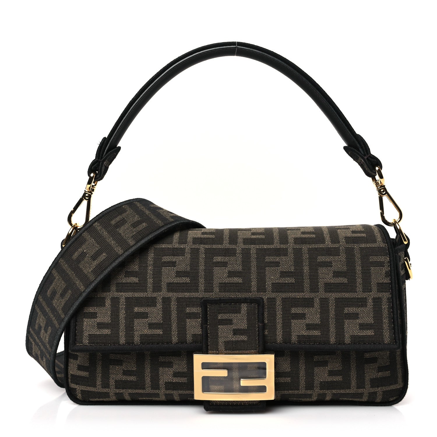 Fendi Fabric Jacquard FF 1974 Medium Baguette Tobacco Moro Black 1 of 9