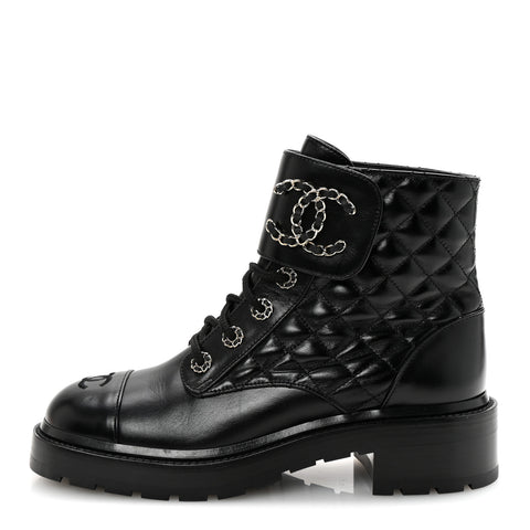 Shiny Lambskin Quilted Lace Up Combat Boots 39 Black