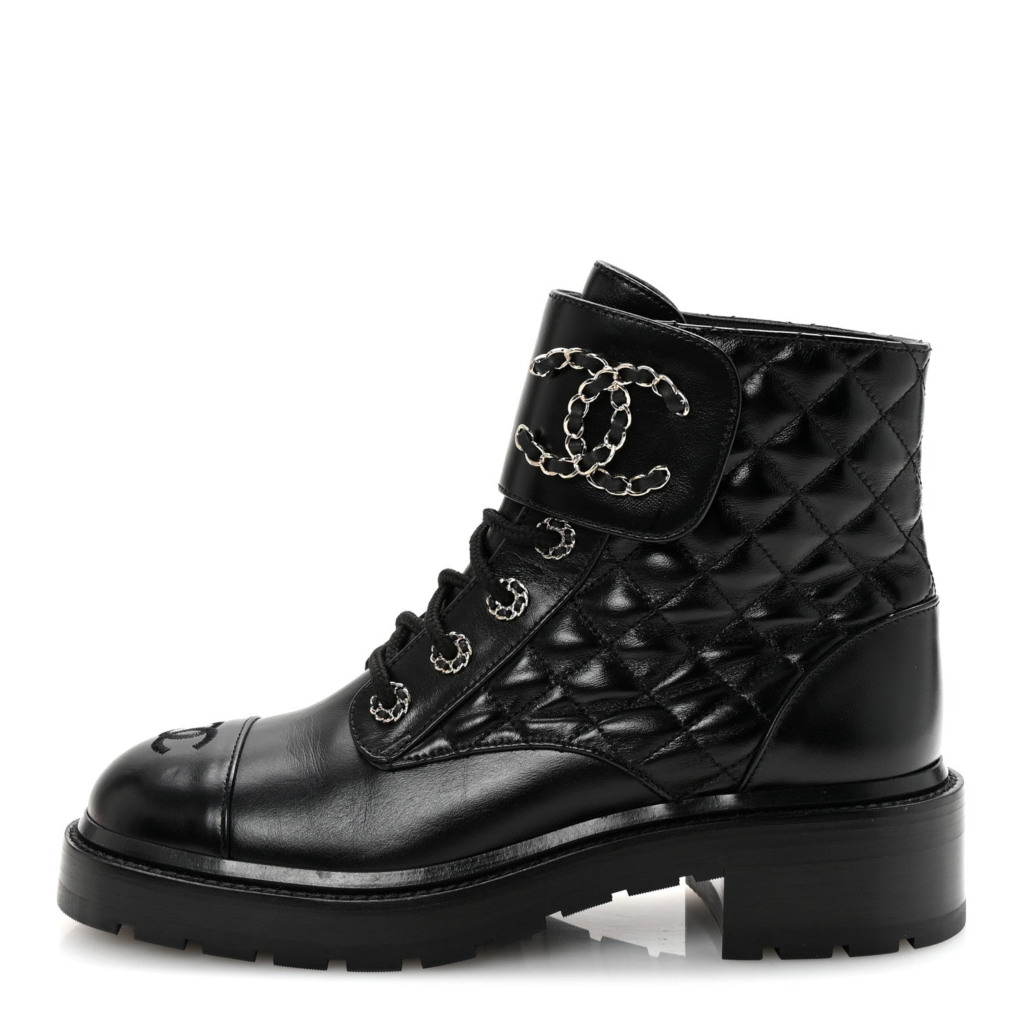 Chanel Shiny Lambskin Quilted Lace Up Combat Boots 39 Black 1 of 10