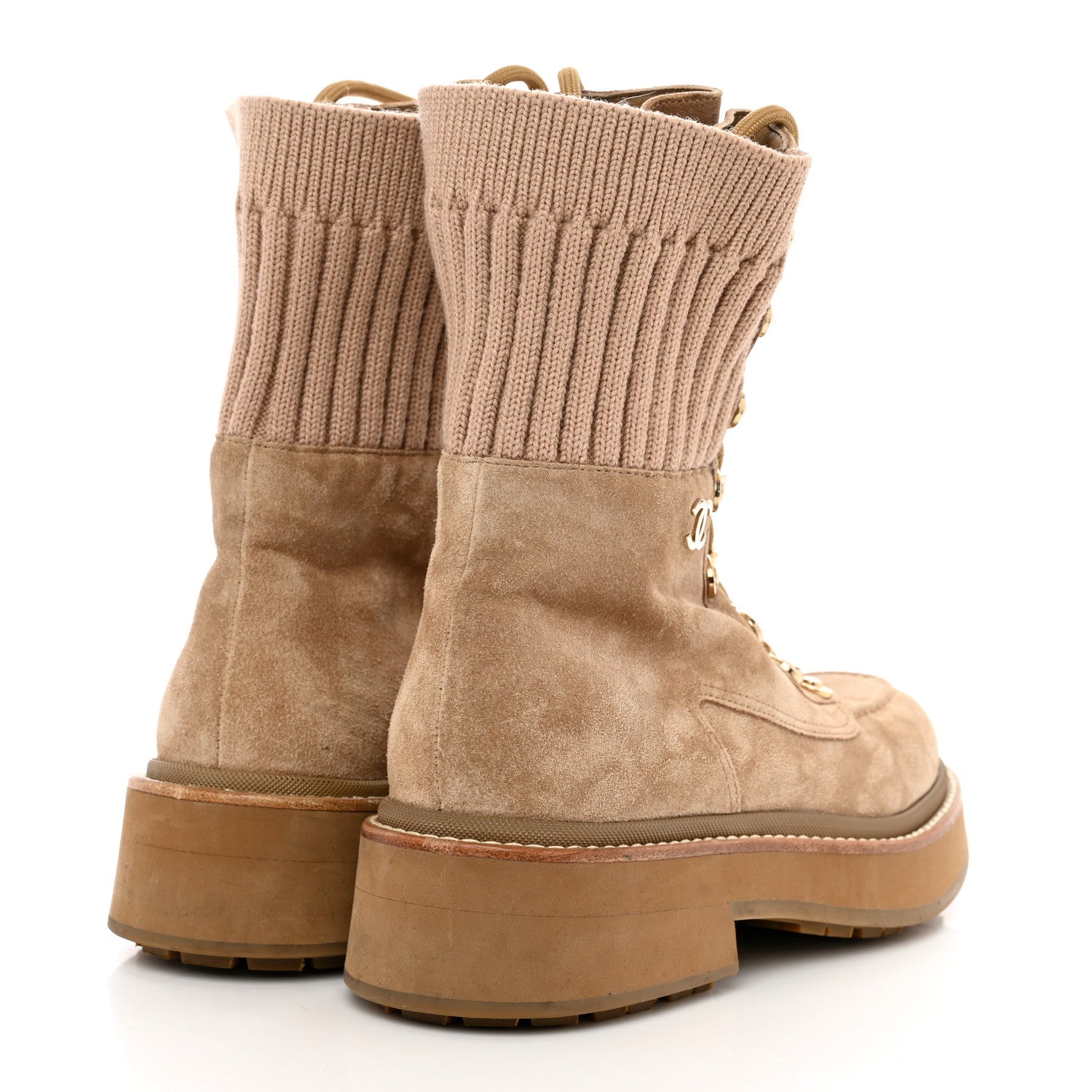 Chanel Suede Knit Lace Up Combat Boots 36 36 Brown 4 of 8
