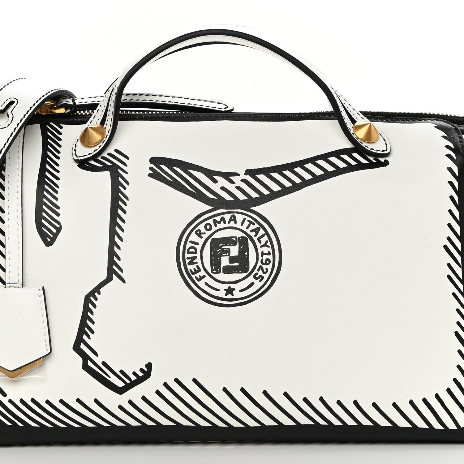 Fendi X JOSHUA VIDES Vitello Century Logo Medium By The Way Boston Bag White Black 8 of 12