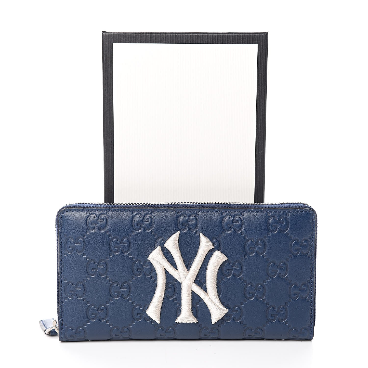 Gucci X MLB Guccissima Signature NY Yankees Embroidered Zip Around Wallet Royale Ivory 7 of 7