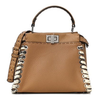 Fendi Cuoio Romano Selleria Elaphe Lace Up Mini Peekaboo Iconic Satchel Miele Scuro Natural 1 of 10