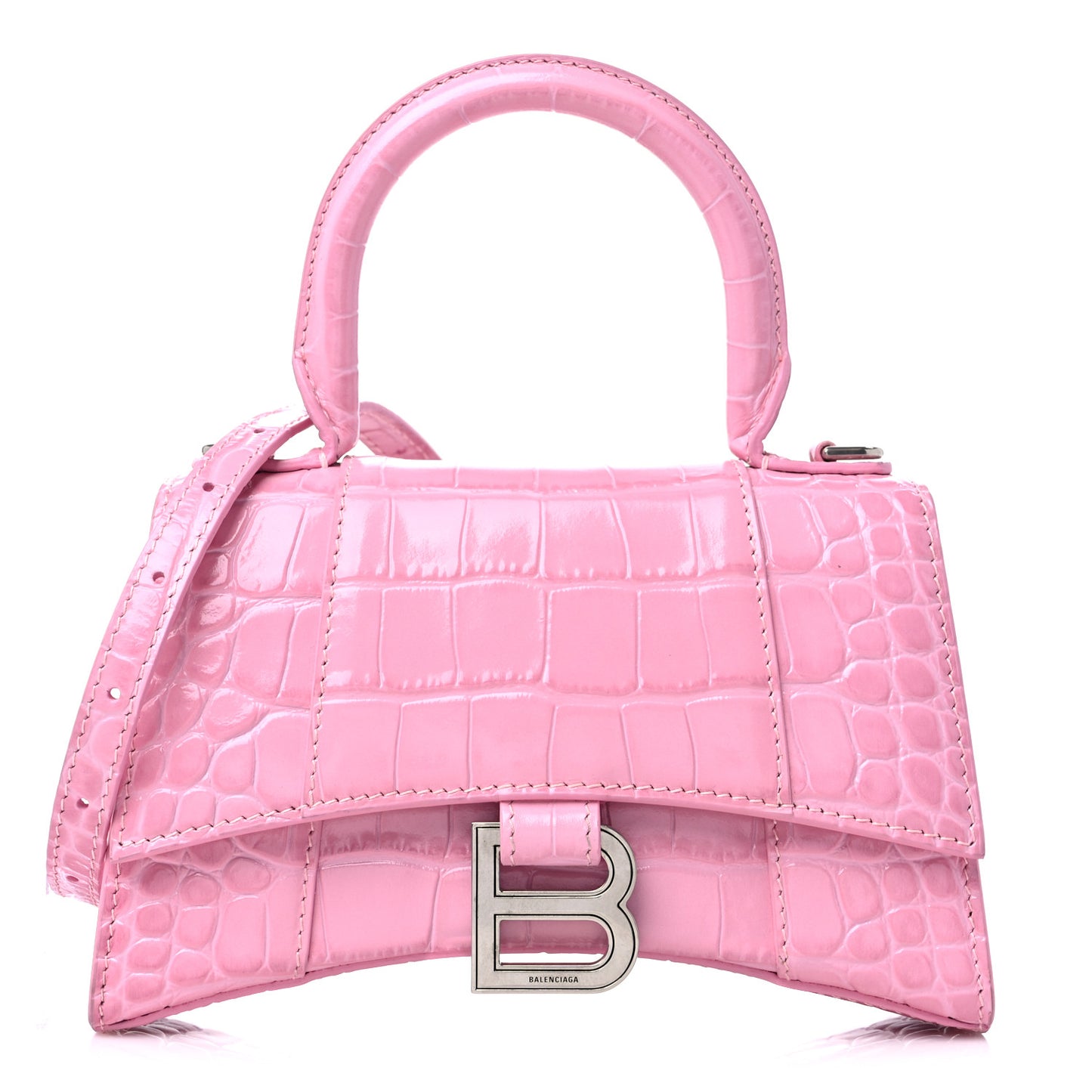 Shiny Calfskin Crocodile Embossed Hourglass Top Handle Bag XS Pink