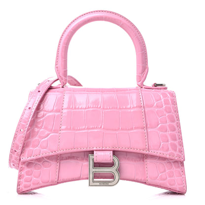 Balenciaga Shiny Calfskin Crocodile Embossed Hourglass Top Handle Bag XS Pink 1 of 15