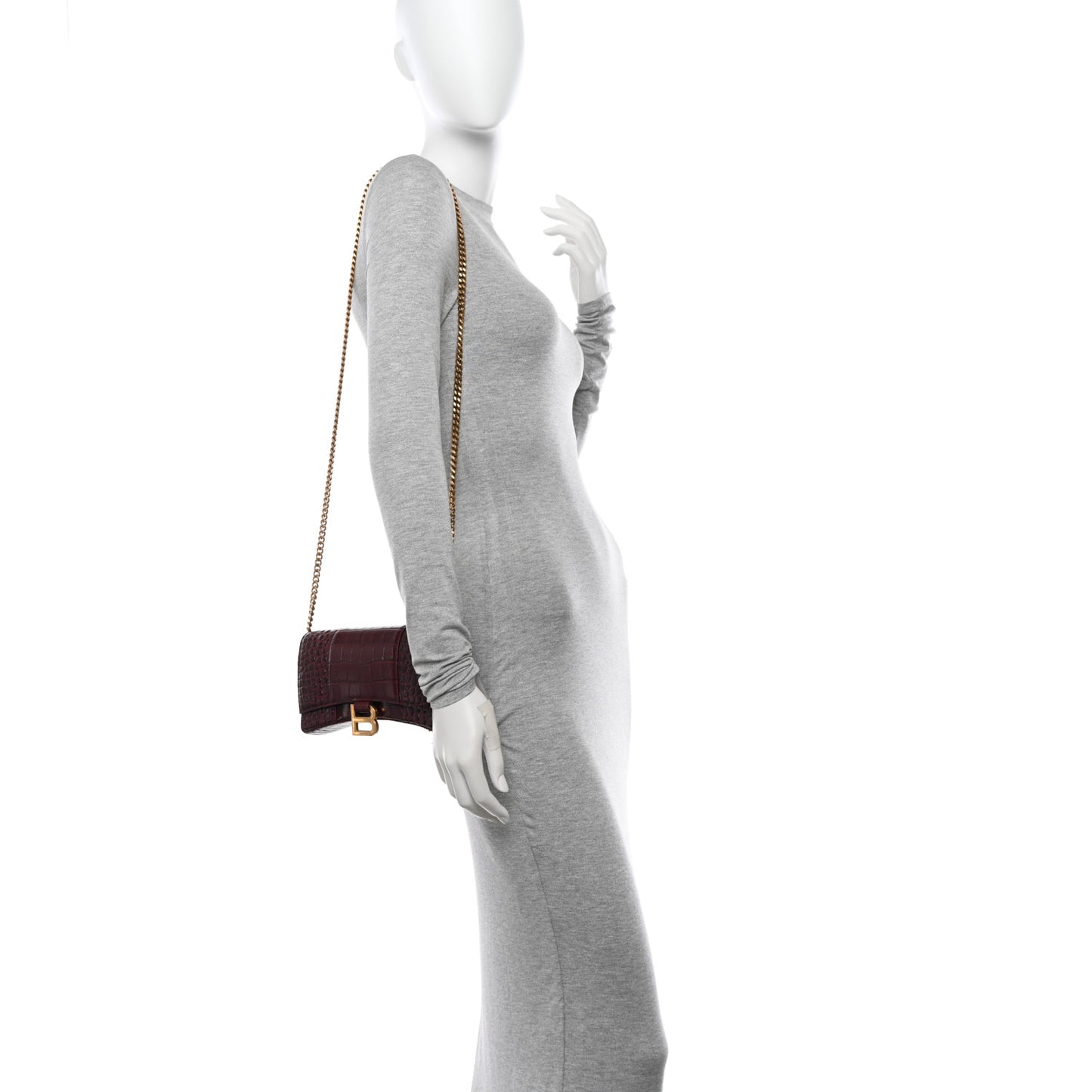 Shiny Calfskin Crocodile Embossed Hourglass Chain Bag Dark Red