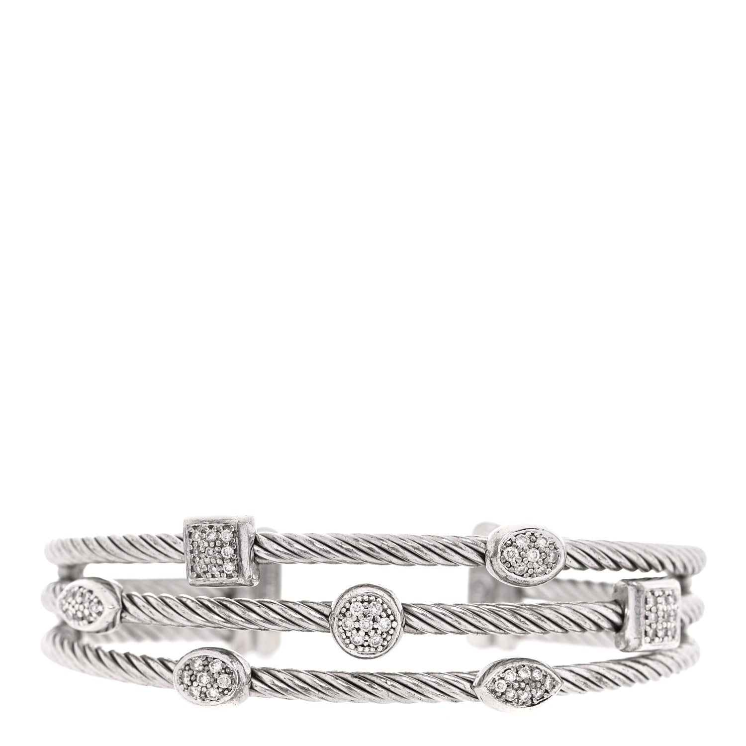 David Yurman Sterling Silver Diamond Three Row Confetti Cuff Bracelet 1 of 5