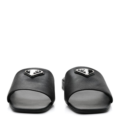 Prada Saffiano Metal Triangle Logo 10mm Slide Sandals 39 Black 2 of 7