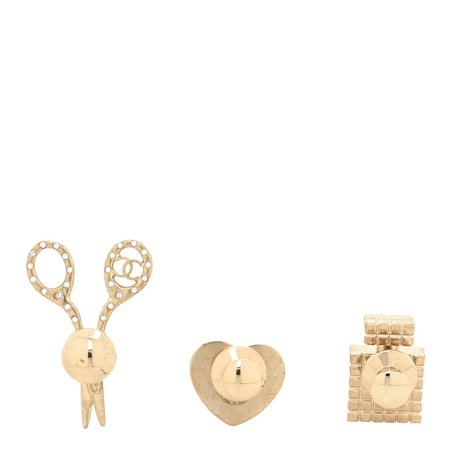 Chanel Metal Strass Crystal Quilted CC Heart Scissors Perfume Brooch Set Gold 2 of 3