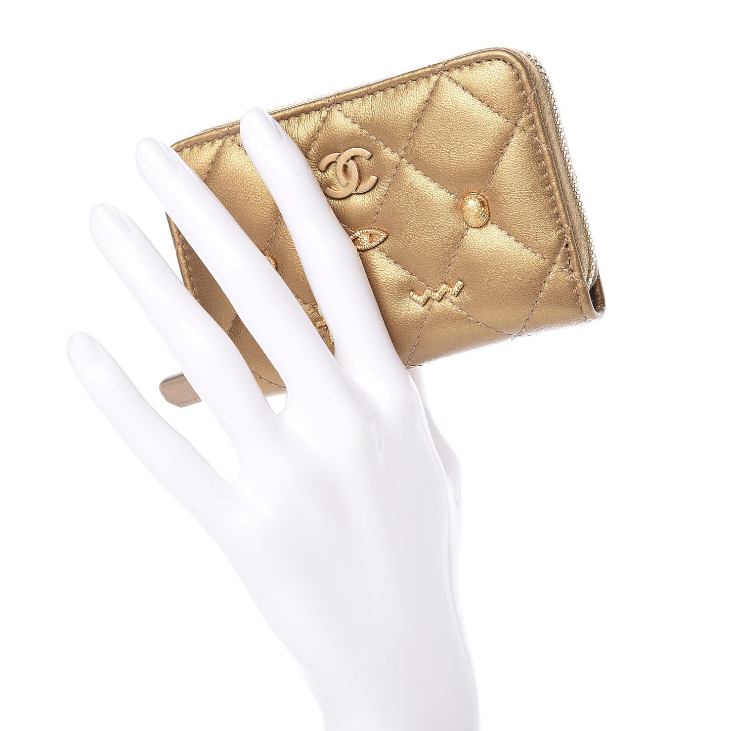 Metallic Lambskin Egyptian Amulet Zip Coin Purse Gold