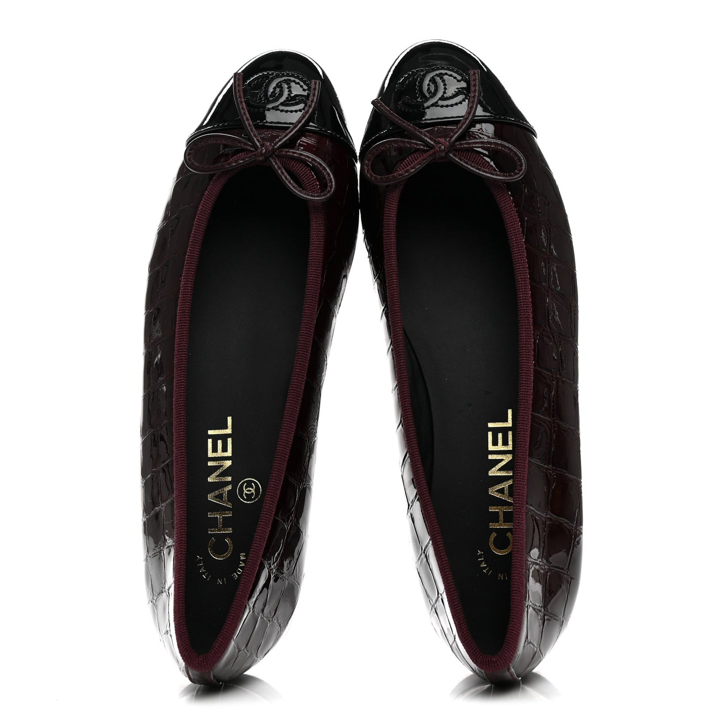Patent Calfskin Crocodile Embossed Ballerina Flats 37.5 Dark Burgundy Black