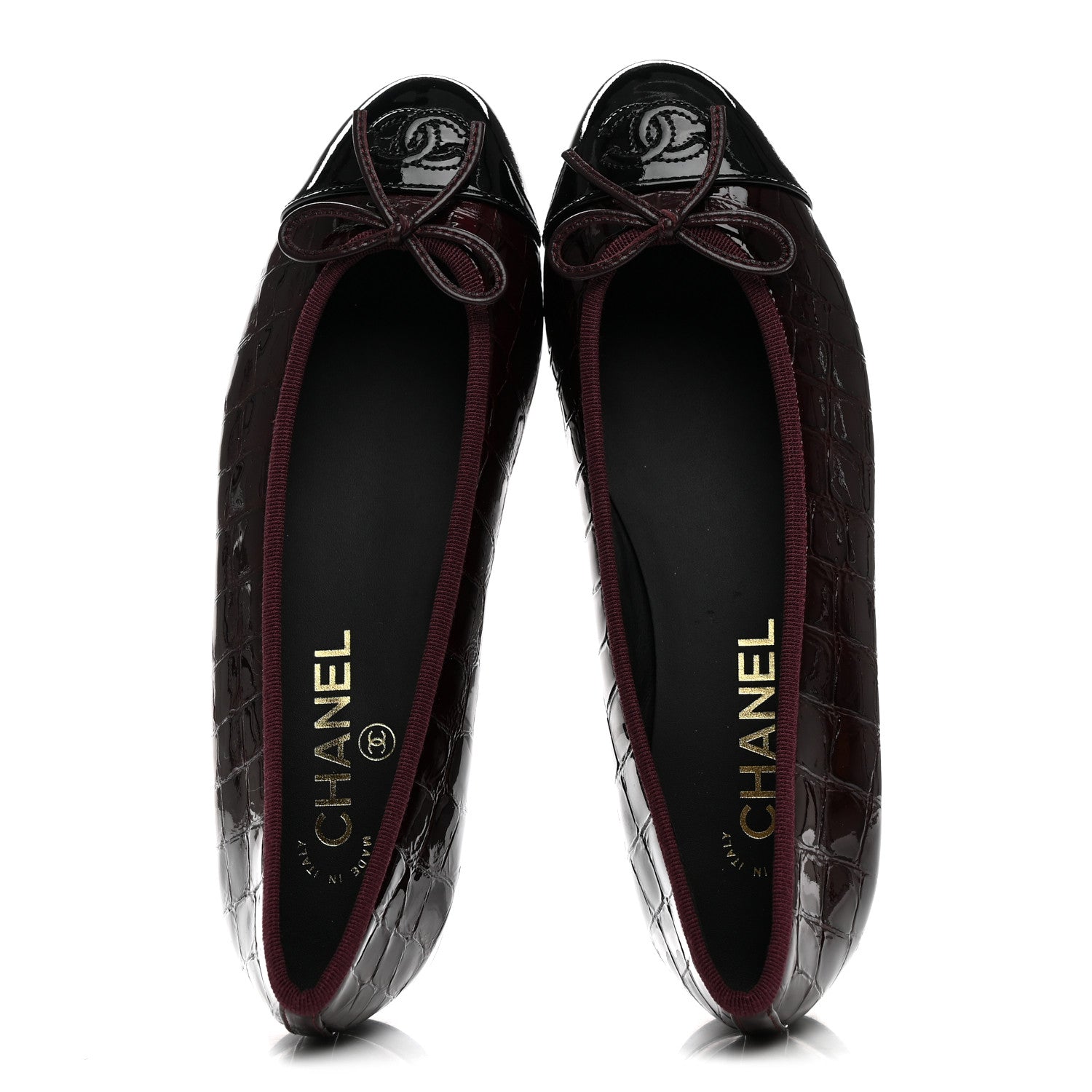 Chanel Patent Calfskin Crocodile Embossed Ballerina Flats 37.5 Dark Burgundy Black 2 of 10