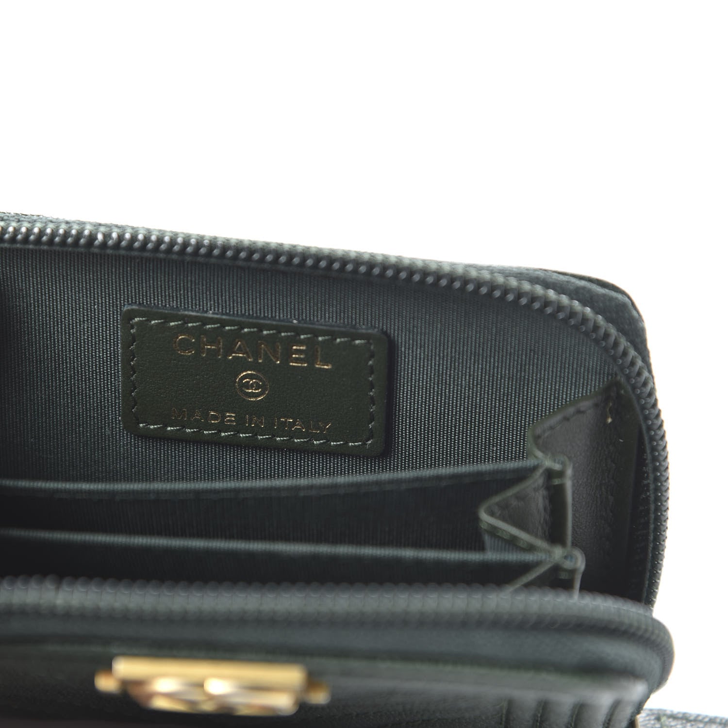 Chanel Caviar Chevron Quilted Boy Zip Around Coin Purse Wallet Dark Green 8 of 11