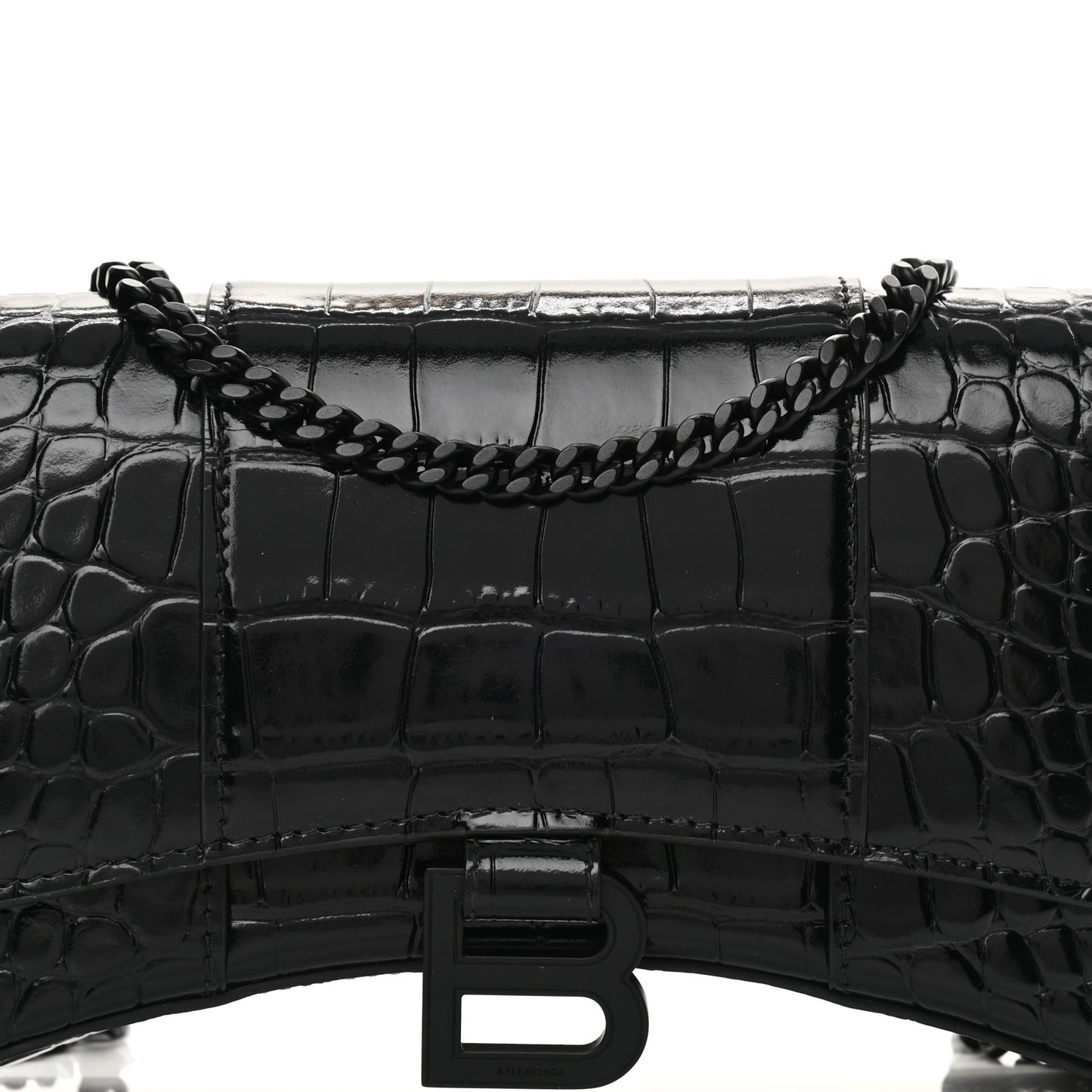 Shiny Calfskin Monochrome Crocodile Embossed Hourglass Chain Bag Black
