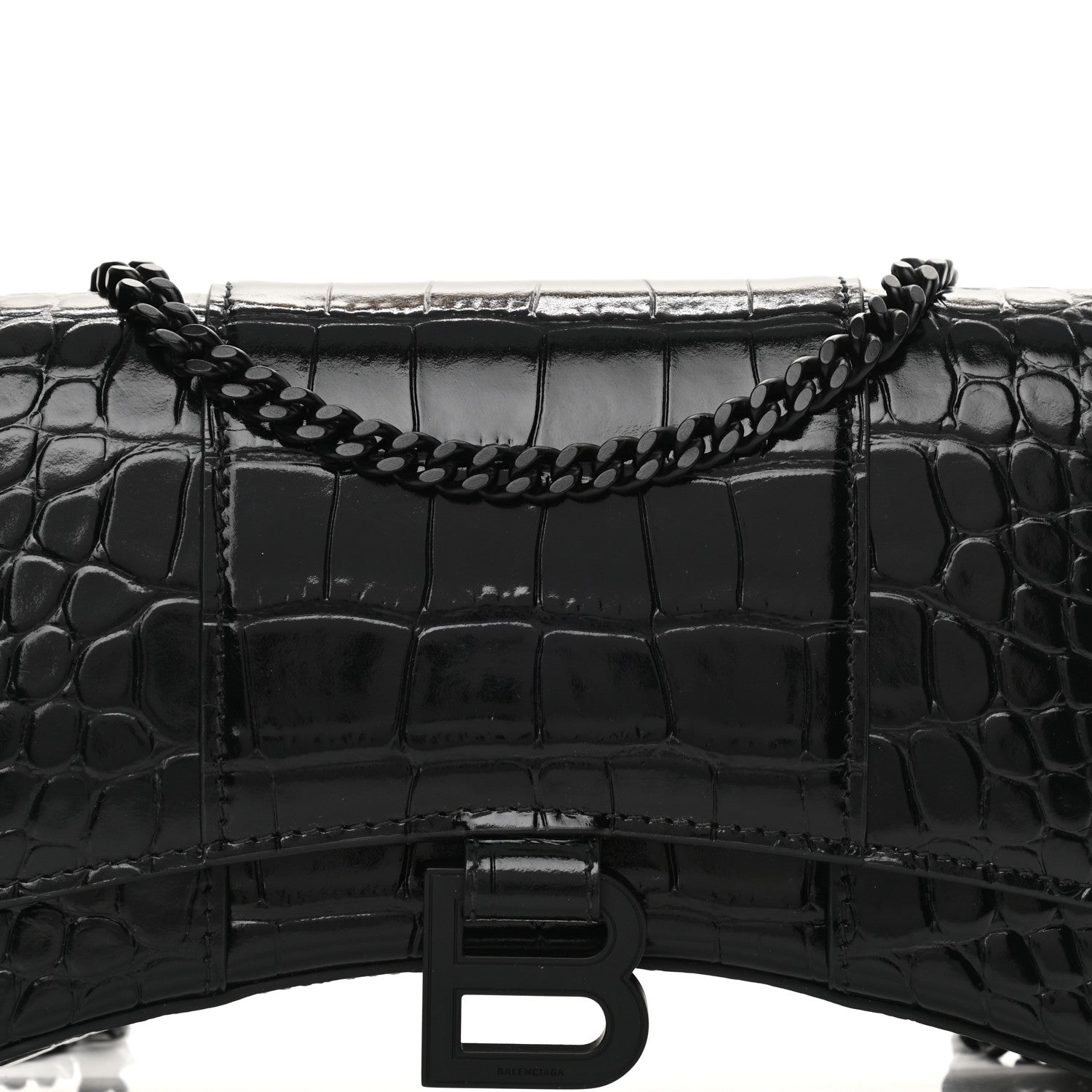 Balenciaga Shiny Calfskin Monochrome Crocodile Embossed Hourglass Chain Bag Black 7 of 15