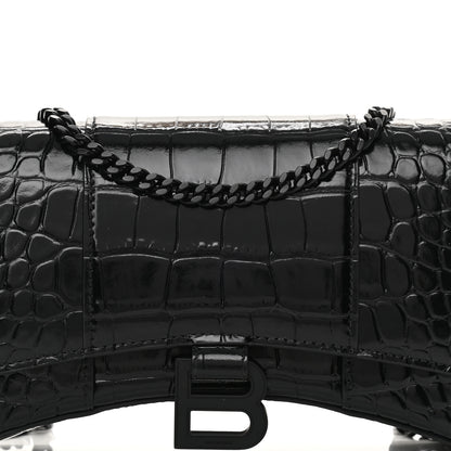Balenciaga Shiny Calfskin Monochrome Crocodile Embossed Hourglass Chain Bag Black 7 of 15