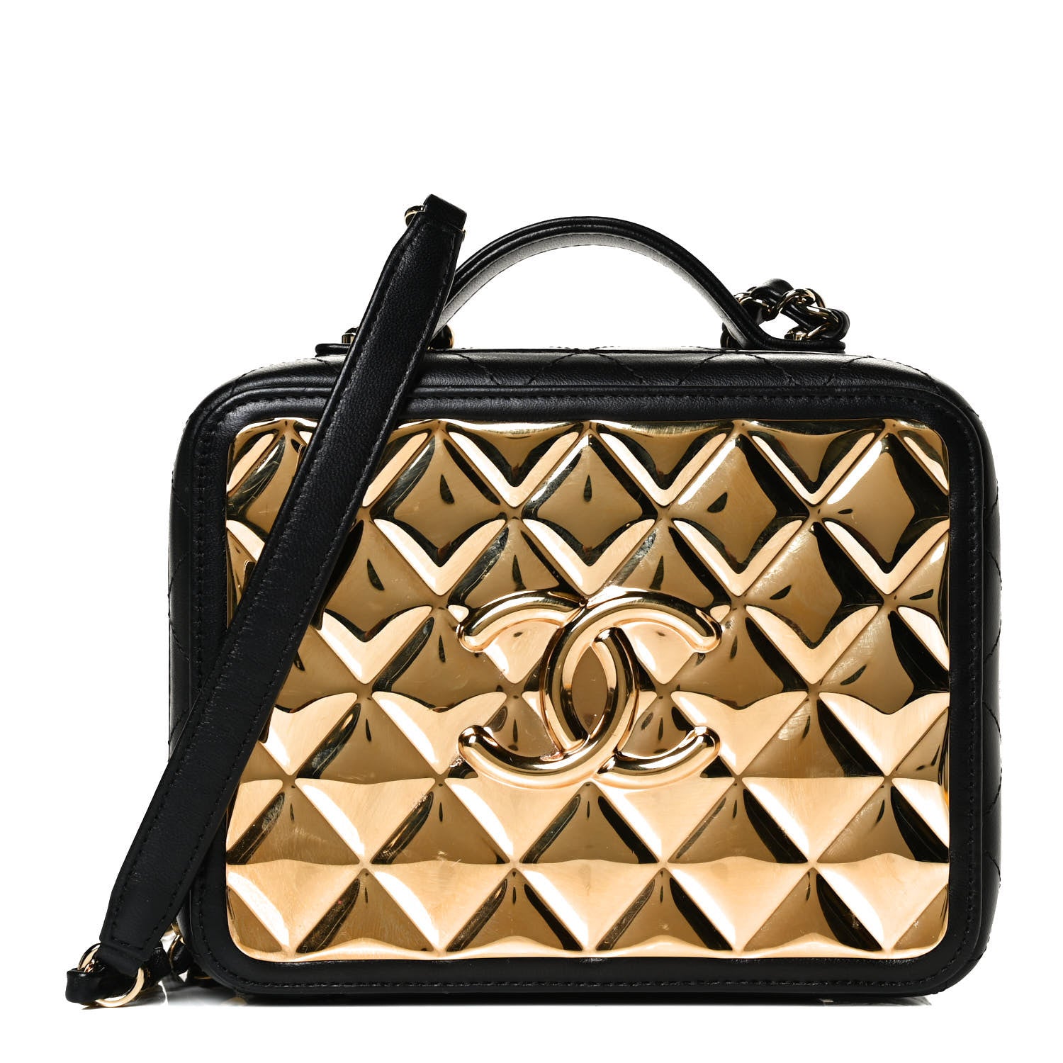 Chanel Lambskin Metal Quilted Golden Plate Vanity Case Black Golden Plate Vanity Case Black Gold 1 of 12