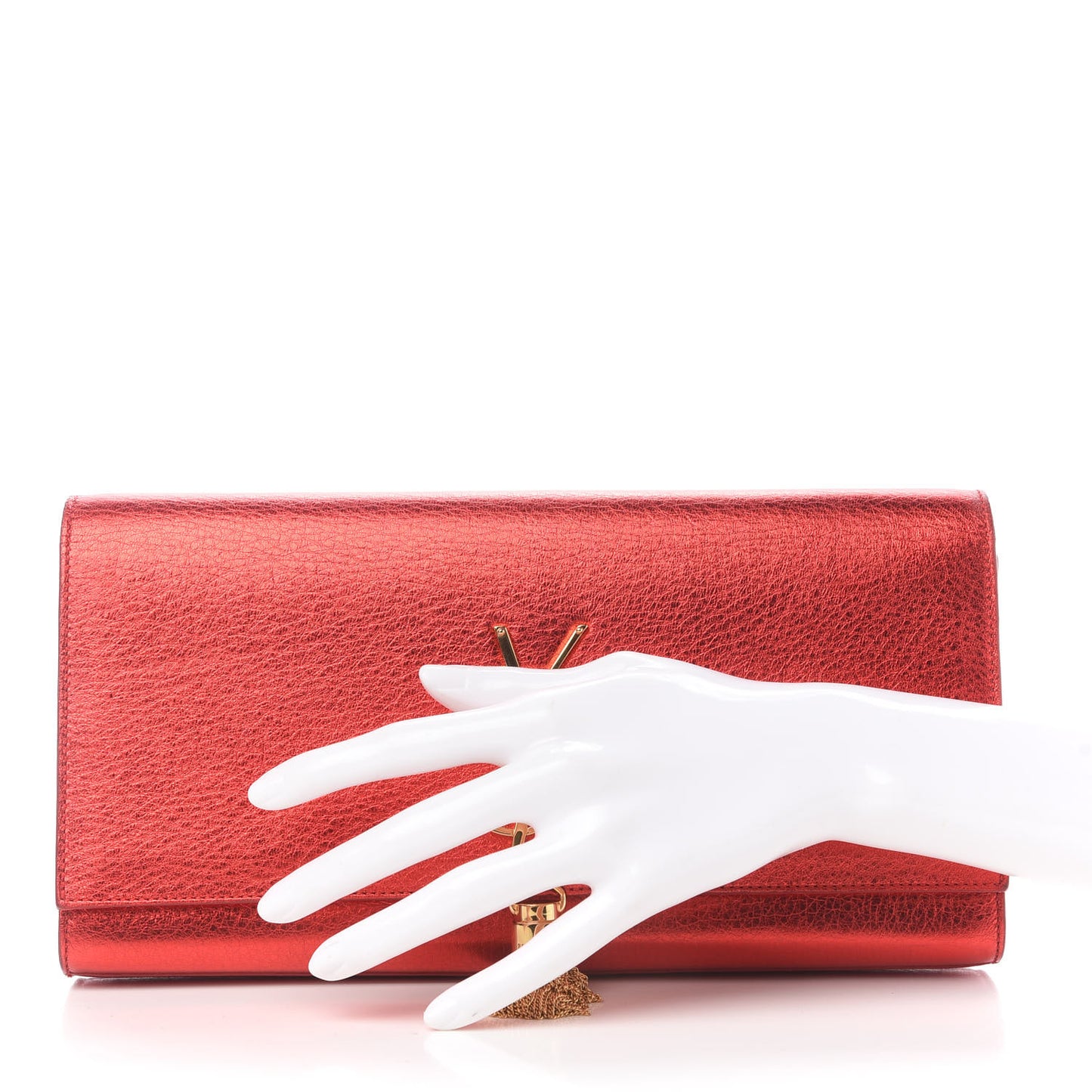Metallic Textured Calfskin Classic Monogram Tassel Clutch Red