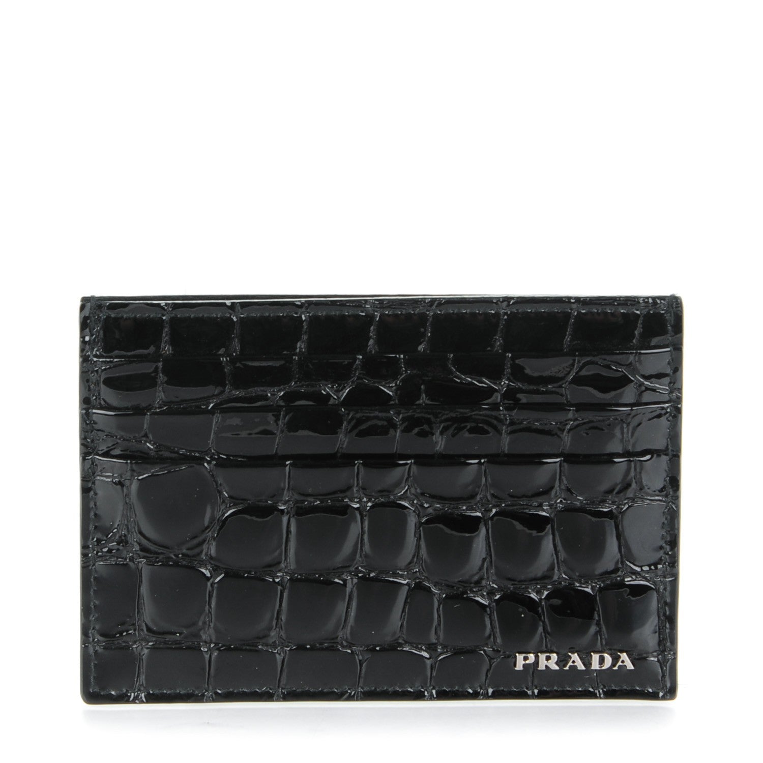 Prada Calfskin Crocodile Embossed Card Case Black 1 of 8