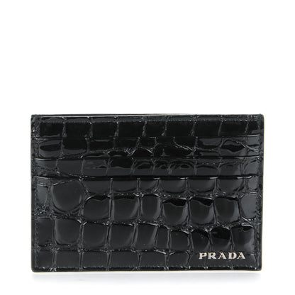 Prada Calfskin Crocodile Embossed Card Case Black 1 of 8